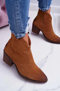 Damskie Botki Kowbojki Zamszowe Camel Barski 1638