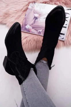 Damskie Botki Kowbojki Zamszowe Czarne Ferders