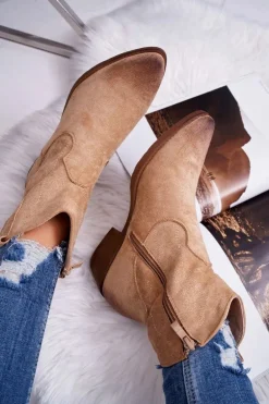 Damskie Botki Kowbojki Zamszowe Beżowe Ferders