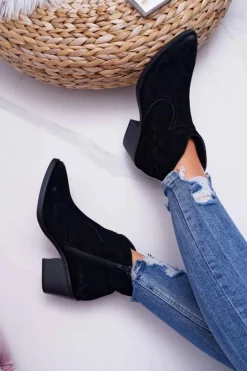 Damskie Botki Kowbojki Zamszowe Czarne Barski 1638