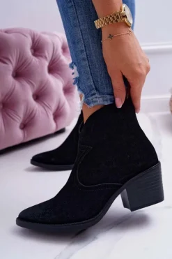 Damskie Botki Kowbojki Zamszowe Czarne Barski 1638