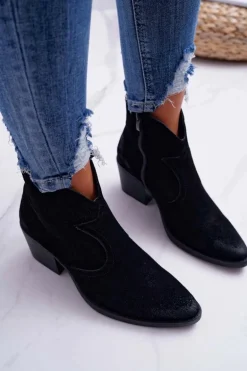 Damskie Botki Kowbojki Zamszowe Czarne Barski 1638