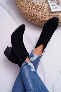 Damskie Botki Kowbojki Zamszowe Czarne Barski 1638