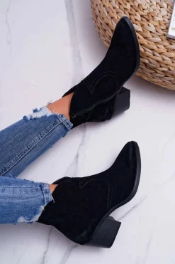 Damskie Botki Kowbojki Zamszowe Czarne Barski 1638