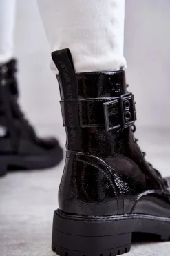 Damskie Botki Lakierowane Sznurowane Na Płaskim Obcasie Czarne Firmina