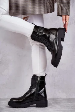 Damskie Botki Lakierowane Sznurowane Na Płaskim Obcasie Czarne Firmina