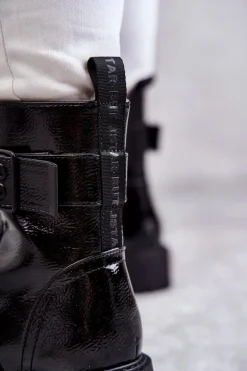 Damskie Botki Lakierowane Sznurowane Na Płaskim Obcasie Czarne Firmina