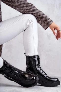 Damskie Botki Lakierowane Sznurowane Na Płaskim Obcasie Czarne Firmina