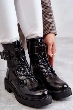 Damskie Botki Lakierowane Sznurowane Na Płaskim Obcasie Czarne Firmina