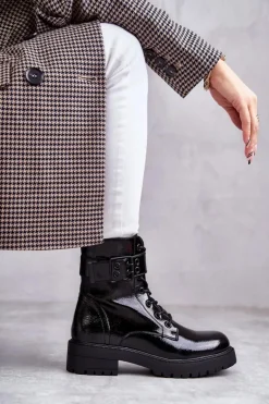 Damskie Botki Lakierowane Sznurowane Na Płaskim Obcasie Czarne Firmina