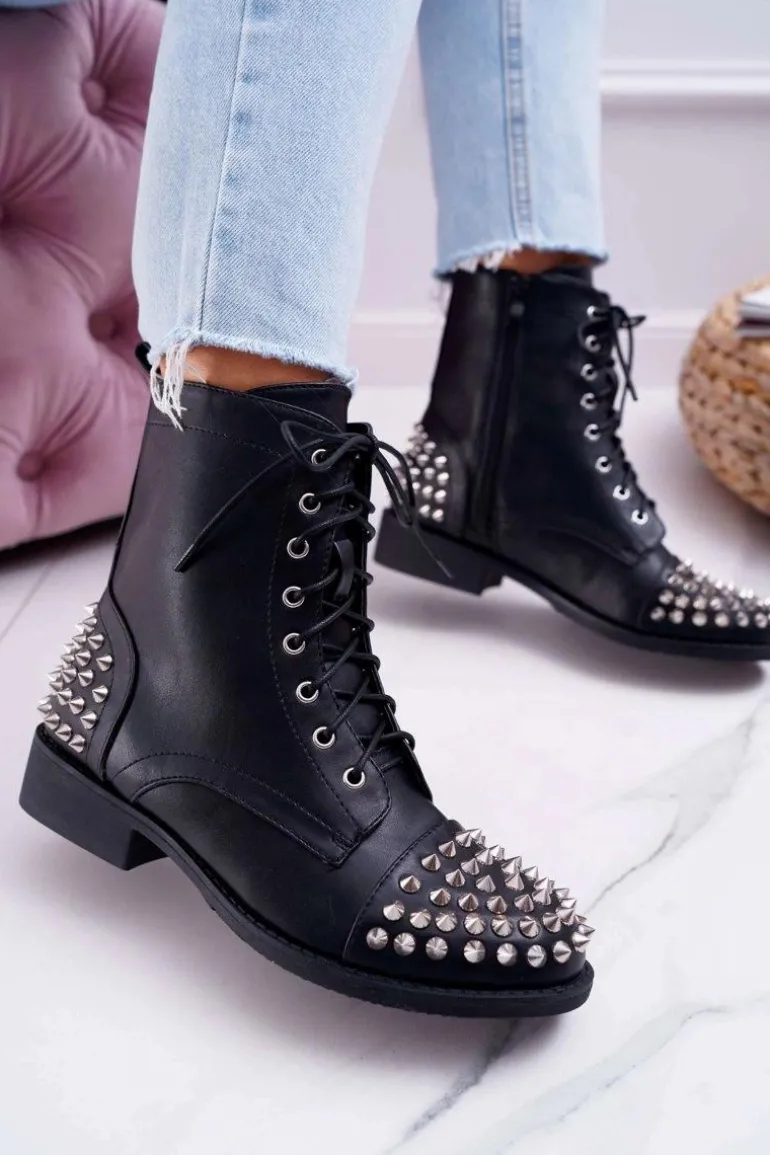 Damskie Botki Lu Boo Czarne Workery z Ćwiekami Tension