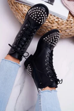 Damskie Botki Lu Boo Czarne Workery z Ćwiekami Tension