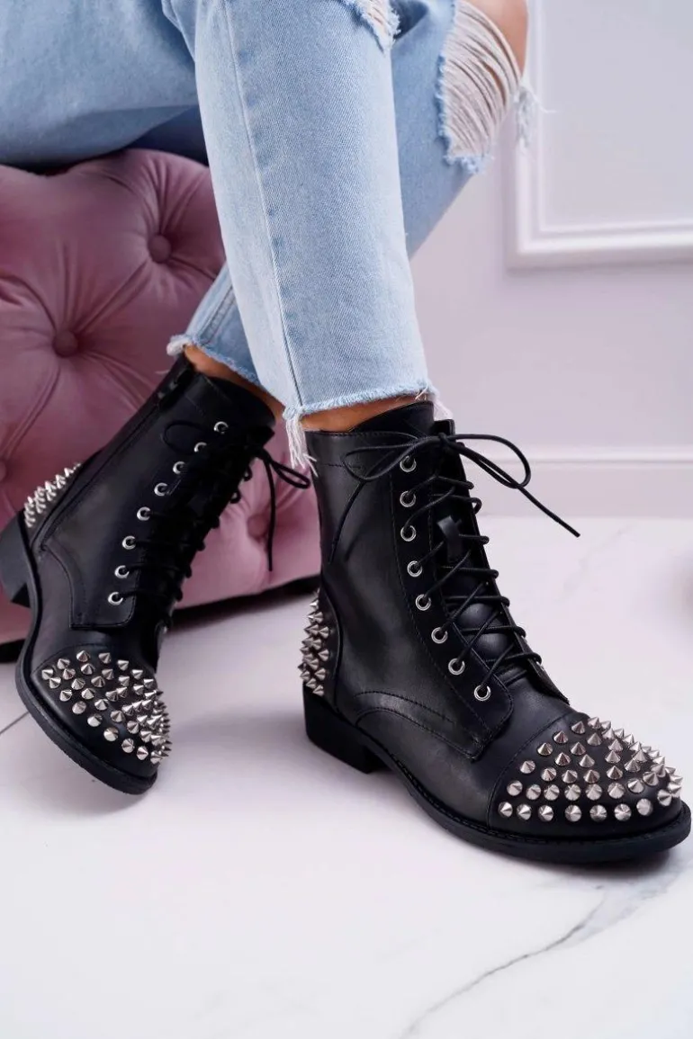 Damskie Botki Lu Boo Czarne Workery z Ćwiekami Tension