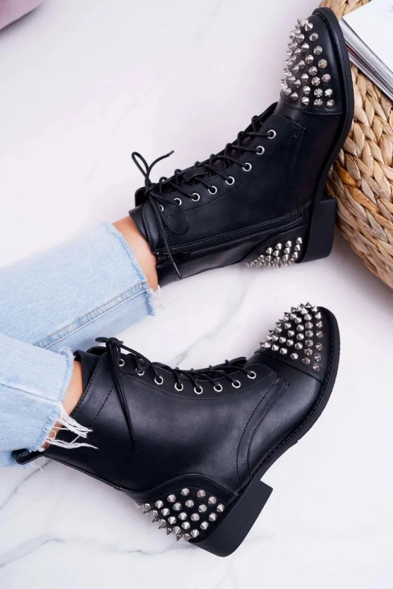 Damskie Botki Lu Boo Czarne Workery z Ćwiekami Tension