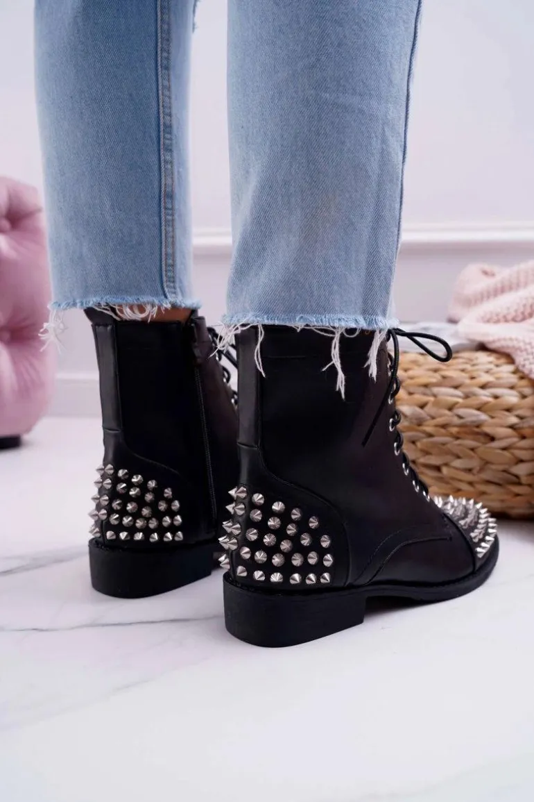 Damskie Botki Lu Boo Czarne Workery z Ćwiekami Tension