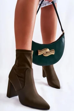 Damskie Botki Materiałowe Na Obcasie Khaki Amile