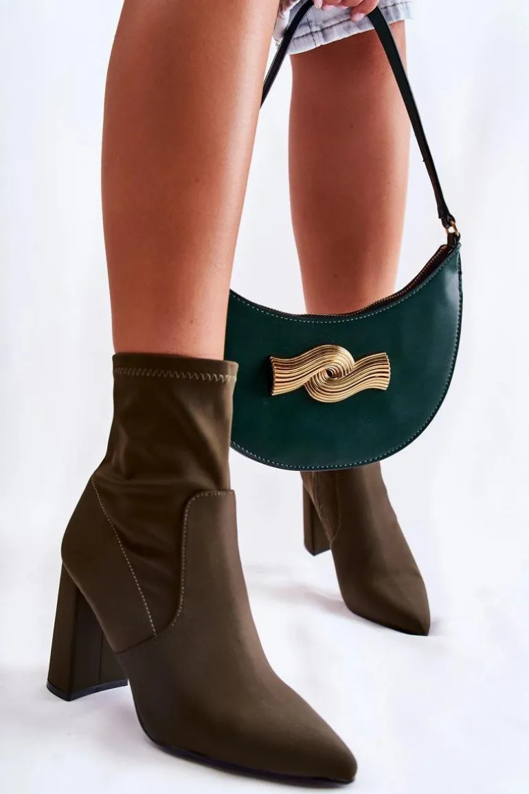 Damskie Botki Materiałowe Na Obcasie Khaki Amile