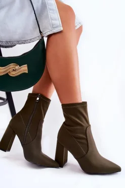 Damskie Botki Materiałowe Na Obcasie Khaki Amile