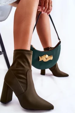 Damskie Botki Materiałowe Na Obcasie Khaki Amile