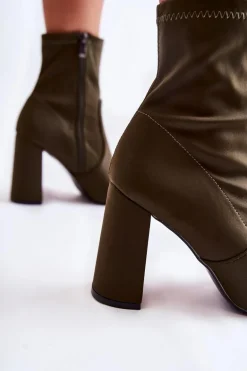 Damskie Botki Materiałowe Na Obcasie Khaki Amile