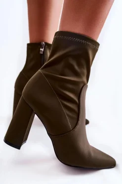 Damskie Botki Materiałowe Na Obcasie Khaki Amile