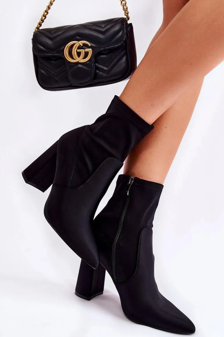 Damskie Botki Materiałowe Na Obcasie Czarne Amile