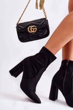 Damskie Botki Materiałowe Na Obcasie Czarne Amile