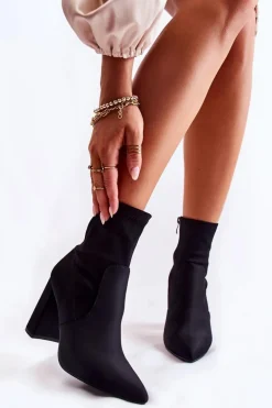 Damskie Botki Materiałowe Na Obcasie Czarne Amile