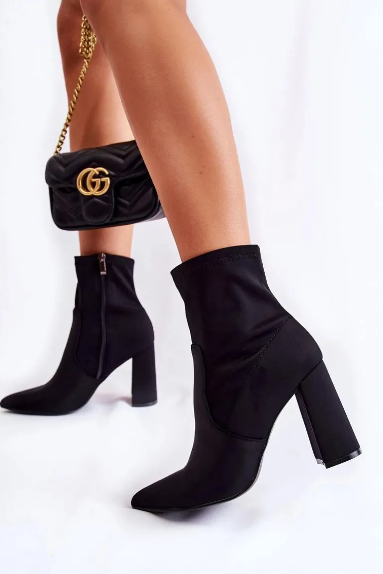 Damskie Botki Materiałowe Na Obcasie Czarne Amile