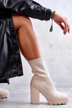 Damskie Botki Materiałowe Beżowe Louve