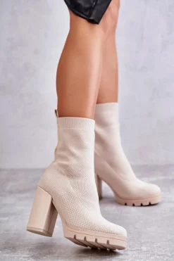 Damskie Botki Materiałowe Beżowe Louve