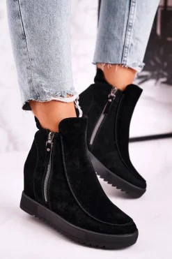 Damskie Botki Na Koturnie Zamszowe Czarne Silvia