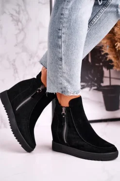 Damskie Botki Na Koturnie Zamszowe Czarne Silvia