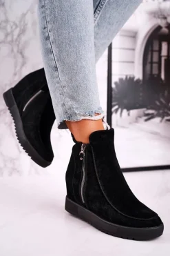 Damskie Botki Na Koturnie Zamszowe Czarne Silvia