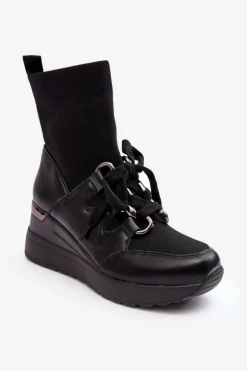 Damskie Botki Na Koturnie Ze Skarpetą Czarne Helladina