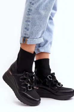 Damskie Botki Na Koturnie Ze Skarpetą Czarne Helladina