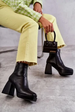 Damskie Botki Na Masywnym Obcasie Z Suwakiem Czarne Carrera