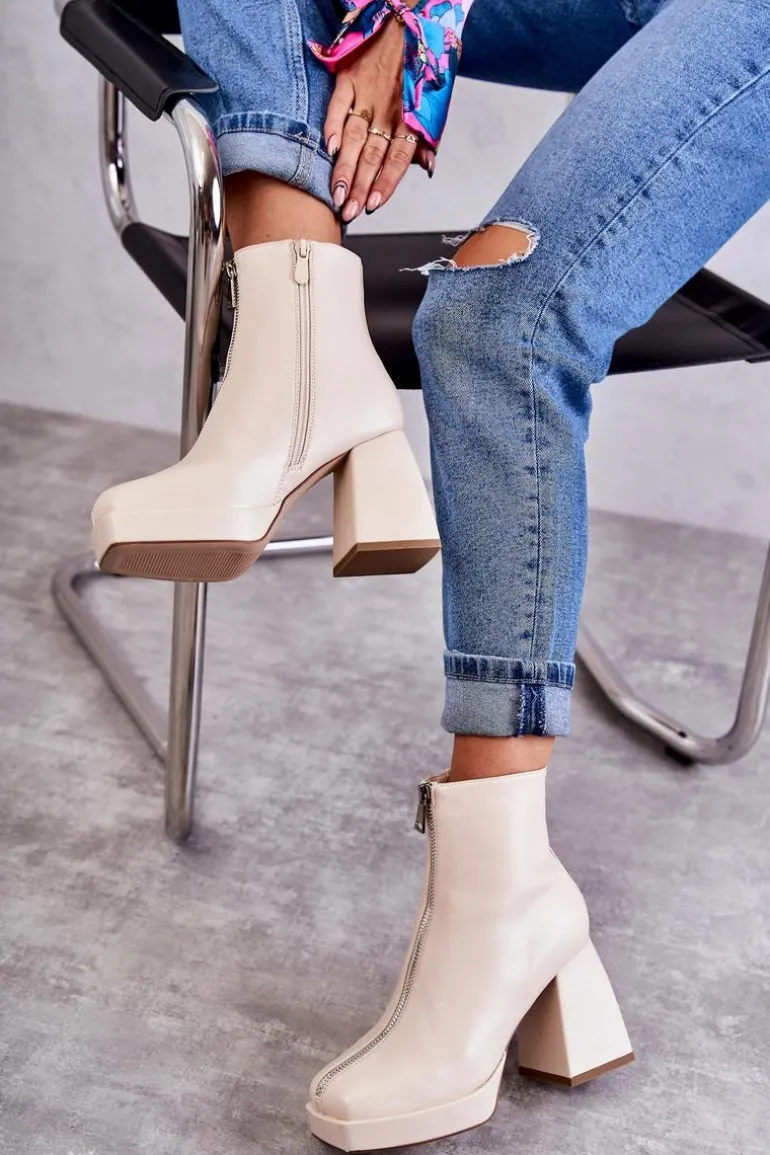 Damskie Botki Na Masywnym Obcasie Z Suwakiem Beżowe Carrera