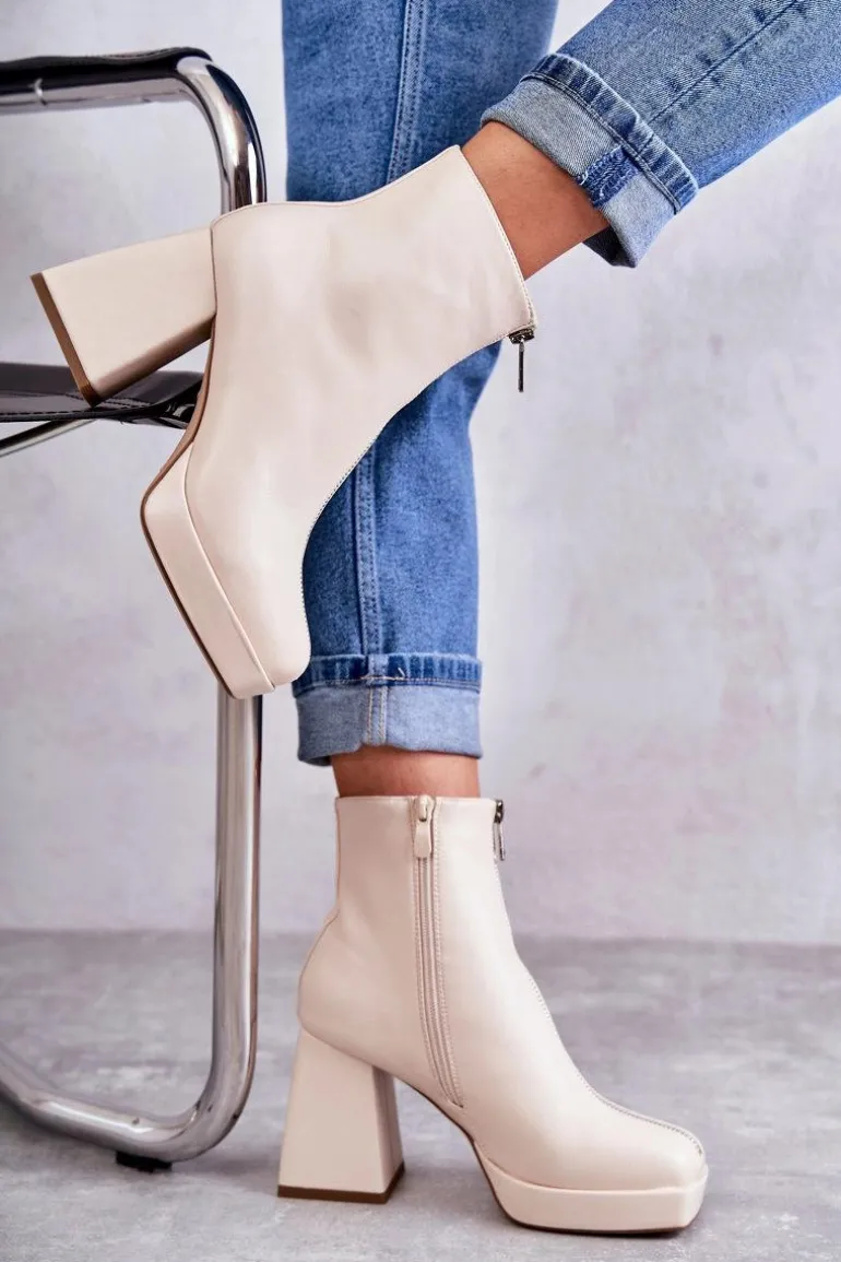 Damskie Botki Na Masywnym Obcasie Z Suwakiem Beżowe Carrera