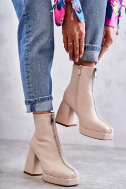 Damskie Botki Na Masywnym Obcasie Z Suwakiem Beżowe Carrera