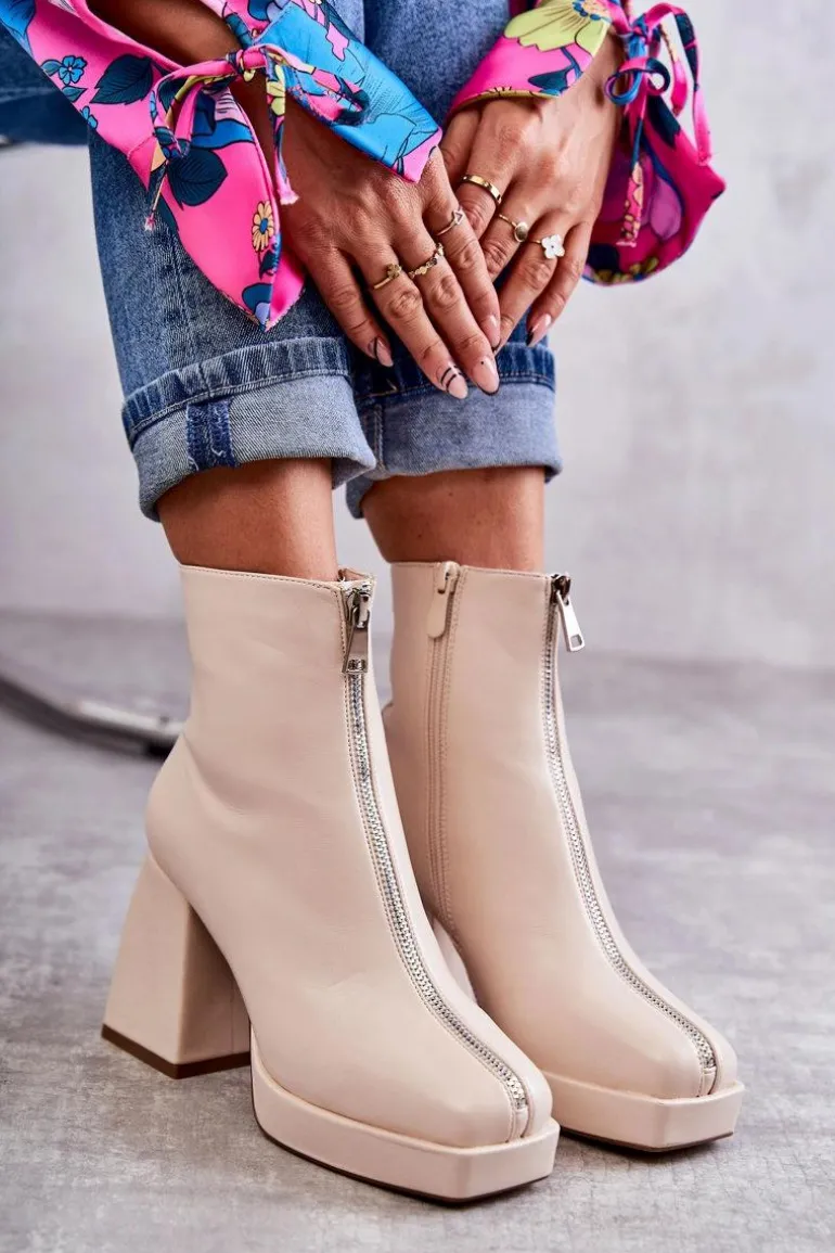 Damskie Botki Na Masywnym Obcasie Z Suwakiem Beżowe Carrera