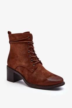 Damskie Botki Na Niskim Obcasie Sznurowane Brązowe Serellia