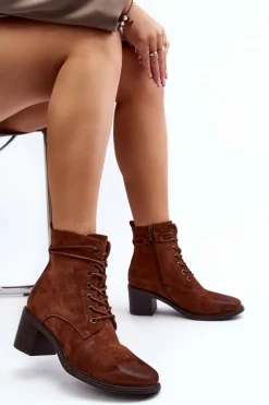 Damskie Botki Na Niskim Obcasie Sznurowane Brązowe Serellia