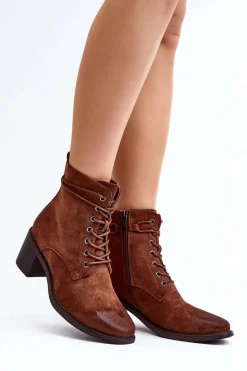 Damskie Botki Na Niskim Obcasie Sznurowane Brązowe Serellia