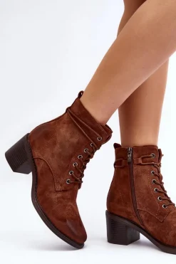 Damskie Botki Na Niskim Obcasie Sznurowane Brązowe Serellia