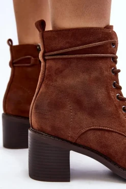 Damskie Botki Na Niskim Obcasie Sznurowane Brązowe Serellia