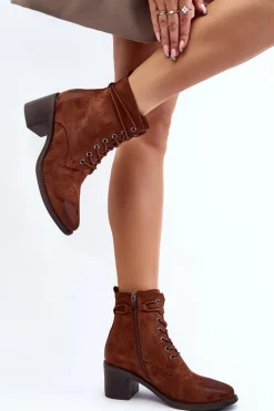 Damskie Botki Na Niskim Obcasie Sznurowane Brązowe Serellia