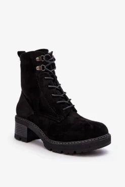 Damskie Botki Na Niskim Obcasie Sznurowane Czarne Adinail