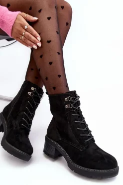 Damskie Botki Na Niskim Obcasie Sznurowane Czarne Adinail