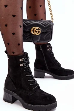 Damskie Botki Na Niskim Obcasie Sznurowane Czarne Adinail